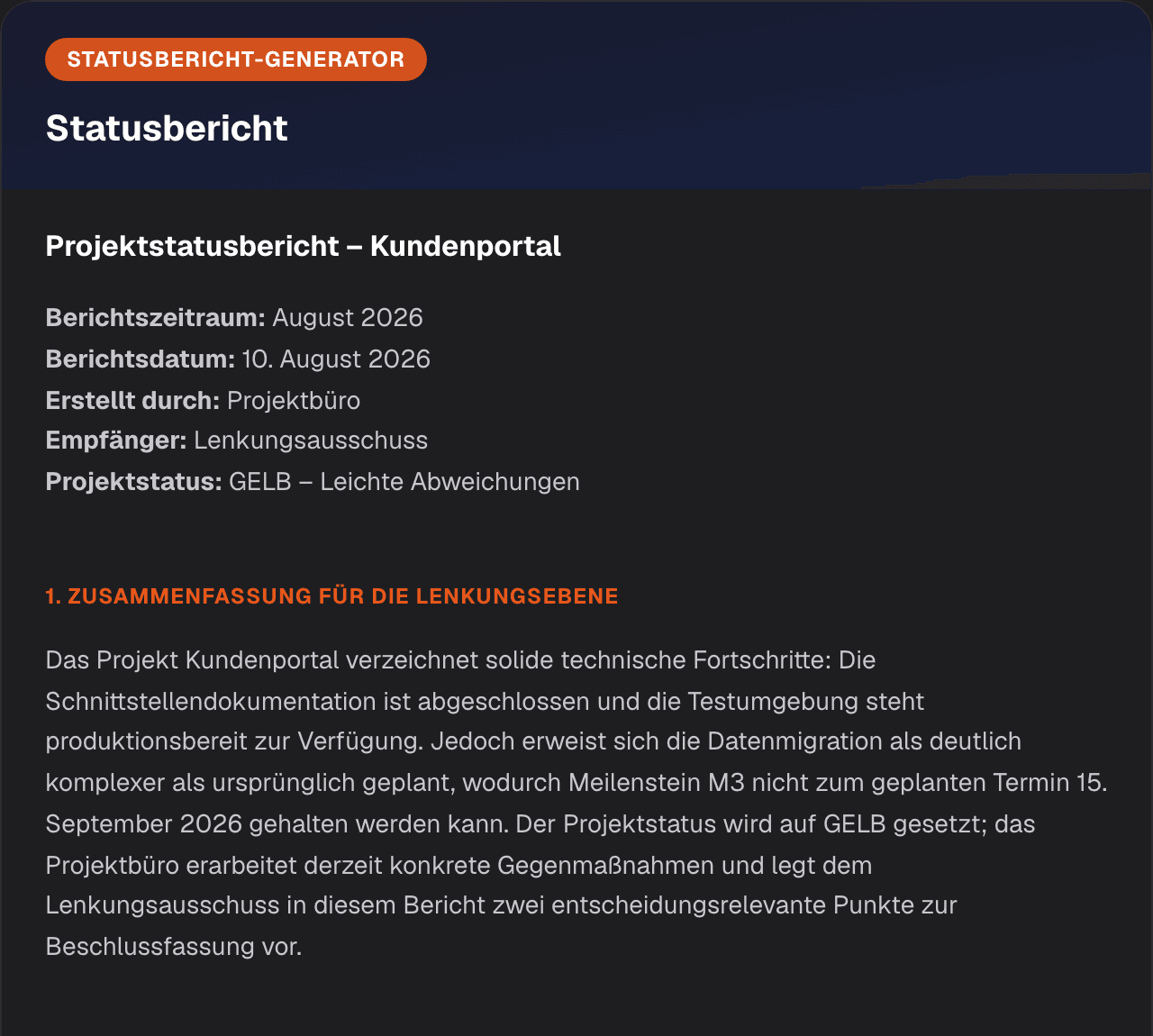 Ausschnitt eines von Anvio erzeugten Statusberichts